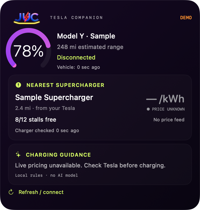JUC large widget showing sample battery, range and nearby Supercharger information