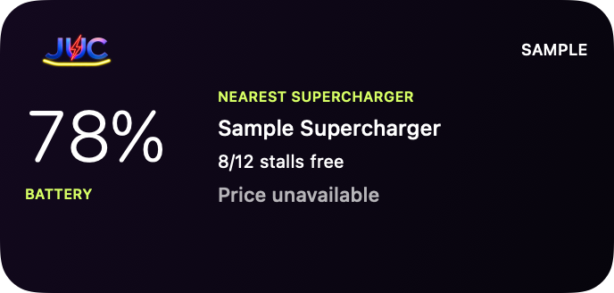 Medium JUC widget with sample battery level and Supercharger availability
