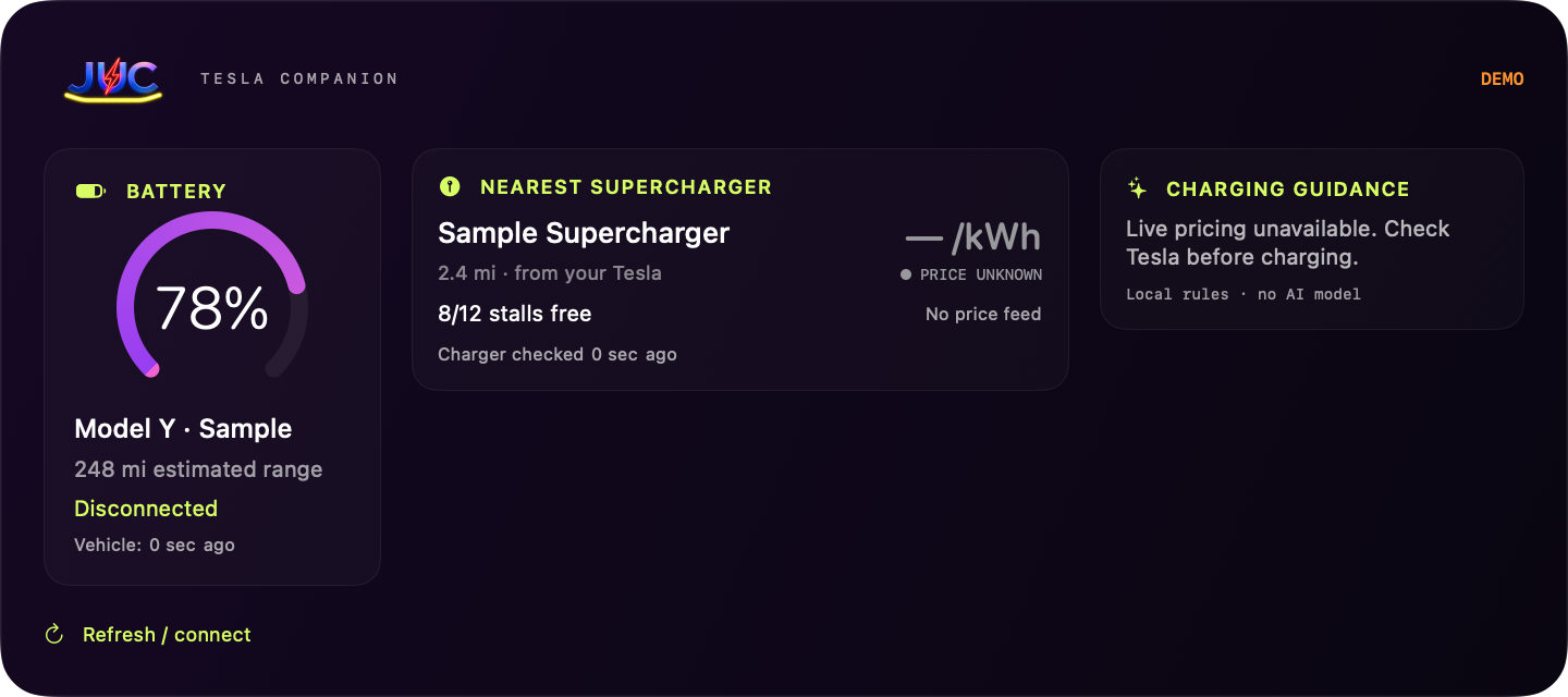 Extra large JUC widget with sample vehicle battery, nearest charger and charging guidance